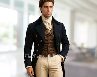 Tailcoat Régence en laine bleu marine fait main | Manteau de mariée victorien