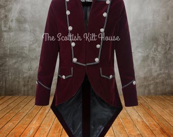 Burgundy Velvet Steampunk Tailcoat: Gothic Victorian Wedding Jacket