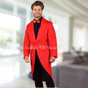 May include: A bright red tailcoat with a matching bow tie and black shirt and pants. The coat has a single-button closure and a long, split back. The text "The Scottish Kilt House" is visible on the lower left.