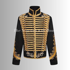New Men&#39;s Black Wool Napoleonic Hussar Jacket | 18th Century Military Coat | Historical Reenactment Jacket | Gold Braided Officer Jacket