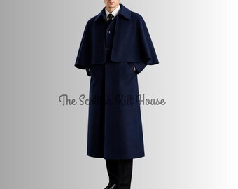 Men's Navy Wool Cape Coat, Victorian Steampunk Overcoat, Handmade Historical Jacket