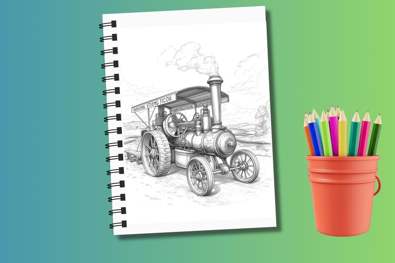 Może przedstawiać: Spiralny szkicownik prezentuje szczeg&oacute;łową czarno-białą ilustrację zabytkowego parowozu. Po prawej stronie stoi małe pomarańczowe wiadro wypełnione kolorowymi oł&oacute;wkami.