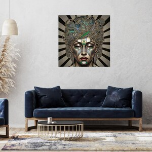 May include: Square wall art featuring a stylized portrait of a woman with closed eyes. The artwork has a metallic silver face with green and red accents. The woman's head is adorned with intricate, ornate details, set against a striped background.