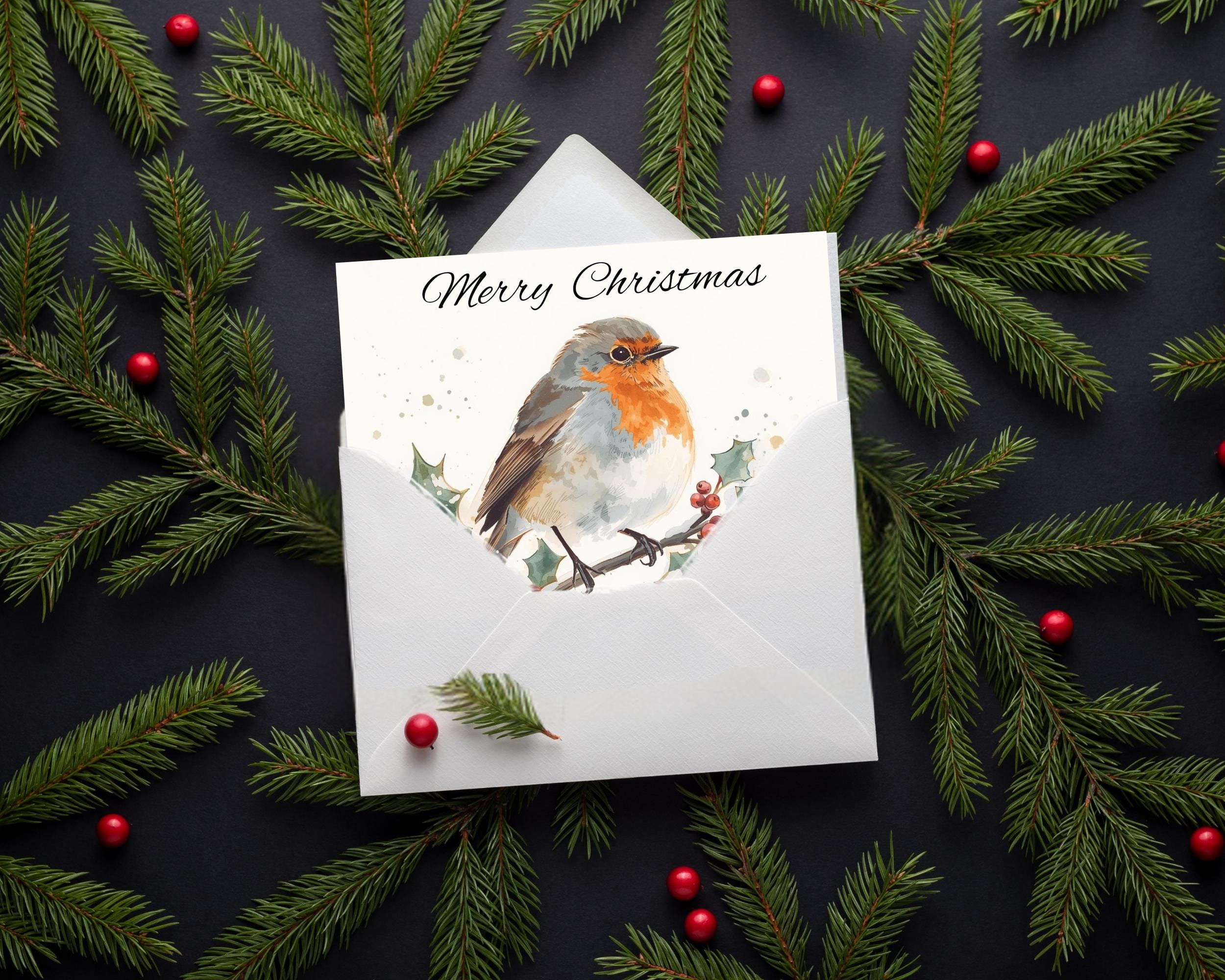 Watercolor Robin Christmas Cards: Printable Foldable Greeting Card Set ...