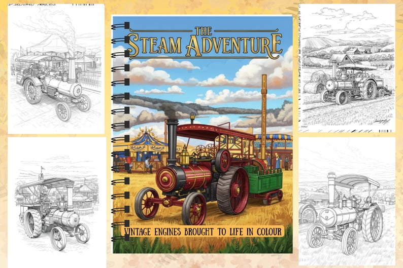 Może przedstawiać: Spiralna książka do kolorowania zatytułowana "The Steam Adventure" z kolorową ilustracją zabytkowego silnika parowego. Okładka zawiera r&oacute;wnież tekst "Vintage Engines Brought to Life in Colour". Wok&oacute;ł gł&oacute;wnego obrazu znajdują się czarno-białe rysunki linii silnik&oacute;w parowych.