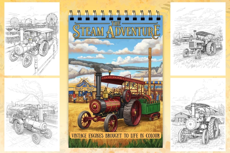 Może przedstawiać: Spiralnie oprawiona kolorowanka zatytułowana "The Steam Adventure" z zabytkowymi silnikami parowymi. Okładka przedstawia kolorową ilustrację czerwono-zielonego silnika parowego. Wok&oacute;ł książki znajdują się czarno-białe rysunki linii silnik&oacute;w parowych.