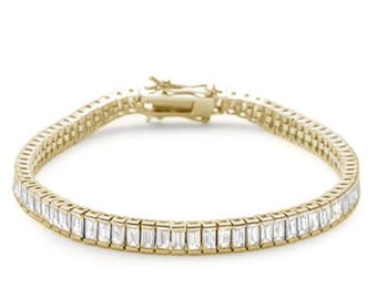 Baguette Elegant Cubic Zirconia .925 Sterling Silver Tennis Bracelet 7" Long