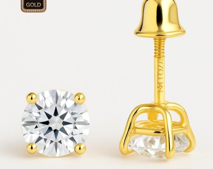 Moissanite Diamond 14K Gold Earrings Thin Basket earrings stud Real 14K Gold sold 1 Pair Baby Screw backing