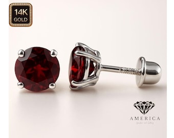 14K Gold Garnet Earrings 22 GA Thin Basket earrings Baby Screw backing Sold 1 pair earrings stud.