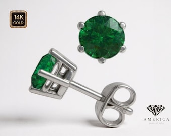 14K Solid Gold LAB Emerald Earrings 6 Prong Heavier Basket earrings stud Real 14K Gold sold 1 Pair Diamond Screw backing Round Shape .