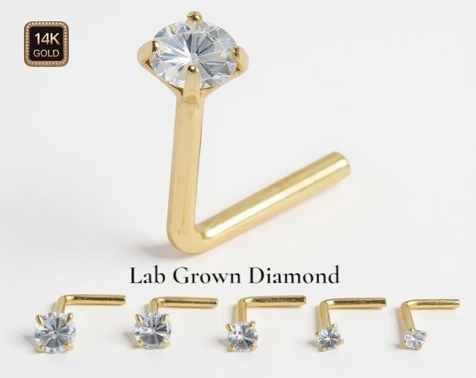 Lab Grown Diamond 14K Gold Nose Stud 20 GA Piercing , Real Gold 14K ,  20 GAUGE sold 1 piece Lab Grown Diamond VVS1/EF .