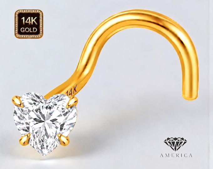 Lab Grown Diamond Heart Shape  14K Yellow Gold Nose Stud 20 GA Piercing , Real Gold 14K ,  20 GAUGE sold 1 piece Lab Grown Diamond
