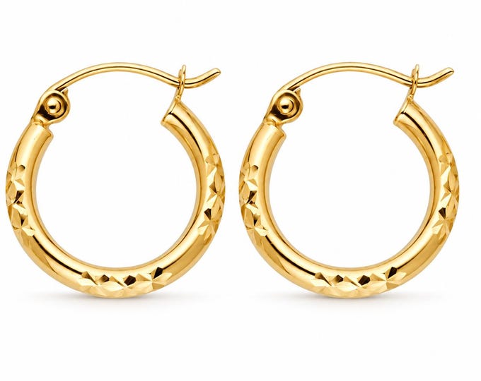 14K Yellow Gold 2mm Diamond Cut Real Gold Fancy Hoop 3 sizes available Hoop  sold 1 pair REAL Plain Gold earrings.