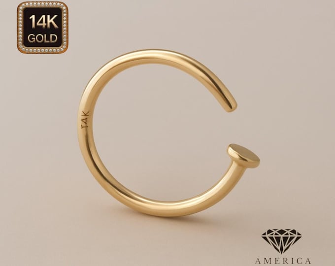 14K Gold Nose Hoop 20 GA Piercing , Real Gold 14K , Nose Ring nugget 20 GAUGE , Real Gold , Nostril Piercing sold 1 piece.