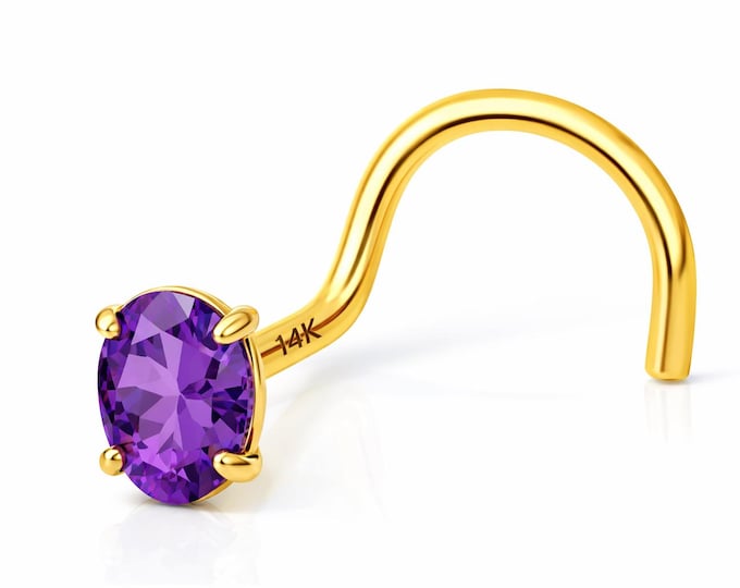 Natural Amethyst Oval  Shape 14K Gold Nose Piercing , Real Gold 14K ,  Nose Ring nugget 20 GAUGE , Real Gold Piercing sold 1 piece.