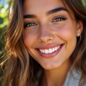 May include: A close-up portrait of a smiling person with green eyes and light brown hair. The person has a nose piercing and a small earring. The background is blurred green foliage.