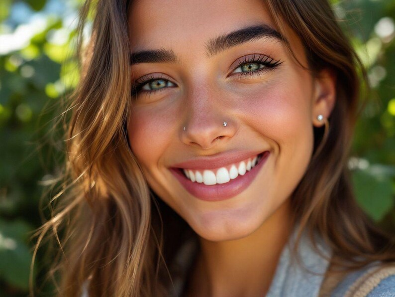 May include: A close-up portrait of a smiling person with green eyes and light brown hair. The person has a nose piercing and a small earring. The background is blurred green foliage.