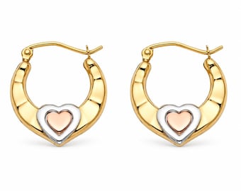 14K Yellow Gold Heart Real Gold Fancy Hoop Small 16mm Hoop  sold 1 pair REAL Plain Gold earrings.