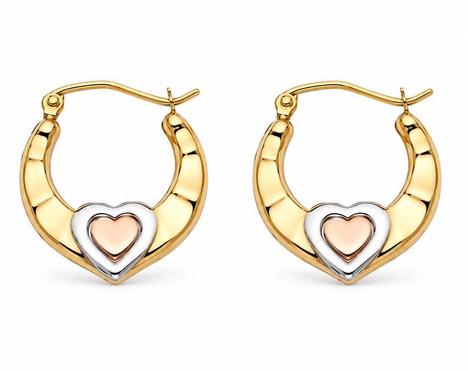 14K Yellow Gold Heart Real Gold Fancy Hoop Small 16mm Hoop  sold 1 pair REAL Plain Gold earrings.
