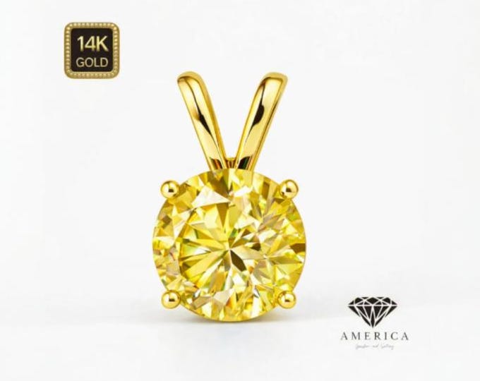 Moissanite Yellow Pendant 14k Gold Round Diamond Solitaire Pendant Only Pass Diamond Tester.