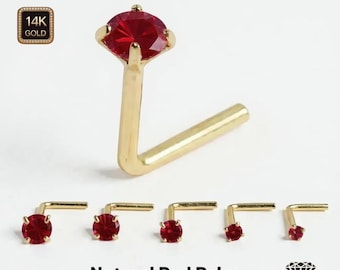 Natural Red Ruby 14K Rose Gold Nose Stud 20 GA Piercing , Real Gold 14K ,  20 GAUGE sold 1 piece