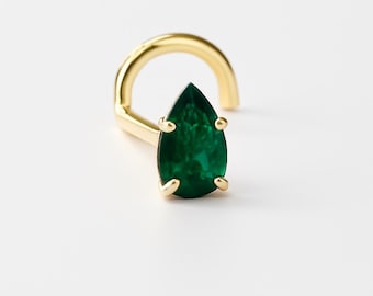 Natural Emerald Pear Shape 14K Gold Nose Piercing , Real Gold 14K ,  Nose Ring nugget 20 GAUGE , Real Gold Piercing sold 1 piece.