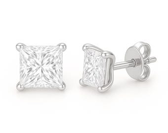 Moissanite Diamond 14K Solid Gold Earrings Heavier Basket square 20 GA earrings stud Real 14K Gold sold 1 Pair Push backing.