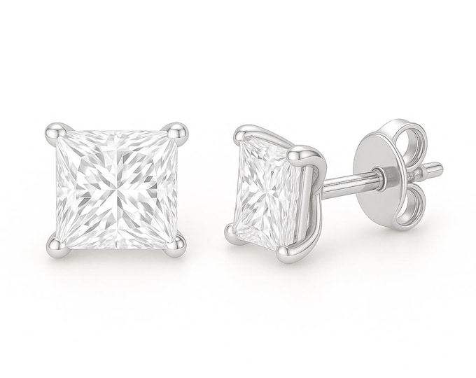 Moissanite Diamond 14K Solid Gold Earrings Heavier Basket square 20 GA earrings stud Real 14K Gold sold 1 Pair Push backing.
