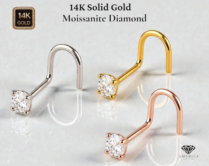 Moissanite Diamond 14K Solid Gold Twisted U shaped Nose Stud 20 GA, 1.50mm 2mm 2.50mm 3.00mm