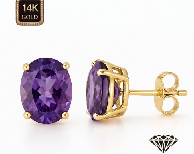 Natural Amethyst 14K Solid Gold  Earrings Heavier Basket earrings stud Real 14K Gold sold 1 Pair Push backing Round Shape gemstone.
