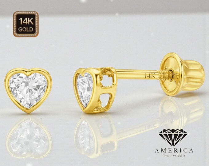 14K Solid Real Gold Bezel Heart Shape  3x3mm 4x4mm Baby Screw Back Earrings  Sold in 1 pair.