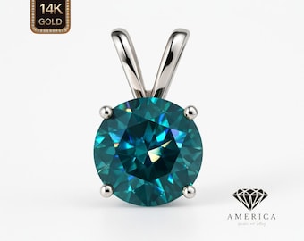 Moissanite Blue Green Cyan Pendant 14k Gold Round Diamond Solitaire Pendant Only Pass Diamond Tester.