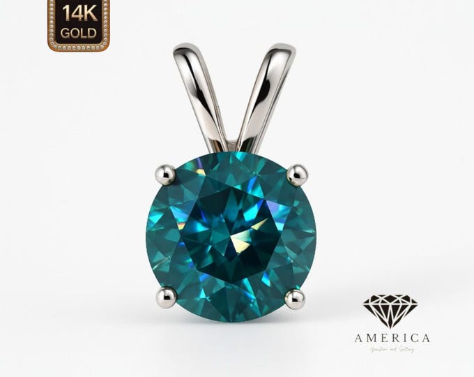 Moissanite Blue Green Cyan Pendant 14k Gold Round Diamond Solitaire Pendant Only Pass Diamond Tester.