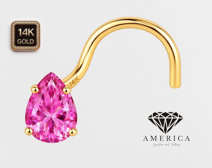Pink Moissanite Pear Shape 3x5 MM  14K Yellow Gold Nose Stud 20 GA Piercing , Real Gold 14K ,  20 GAUGE sold 1 piece Cyan Moissanite