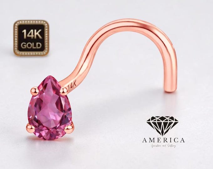 Natural Pink Tourmaline Pear Shape 14K Gold Nose Stud  18 GA 20 GA 22 GA  Piercing , Real Gold 14K , sold 1 piece
