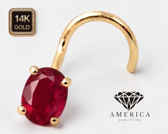 Natural Ruby 3x4mm Oval  Shape 14K Gold Nose Stud  18 GA 20 GA 22 GA  Piercing , Real Gold 14K , sold 1 piece