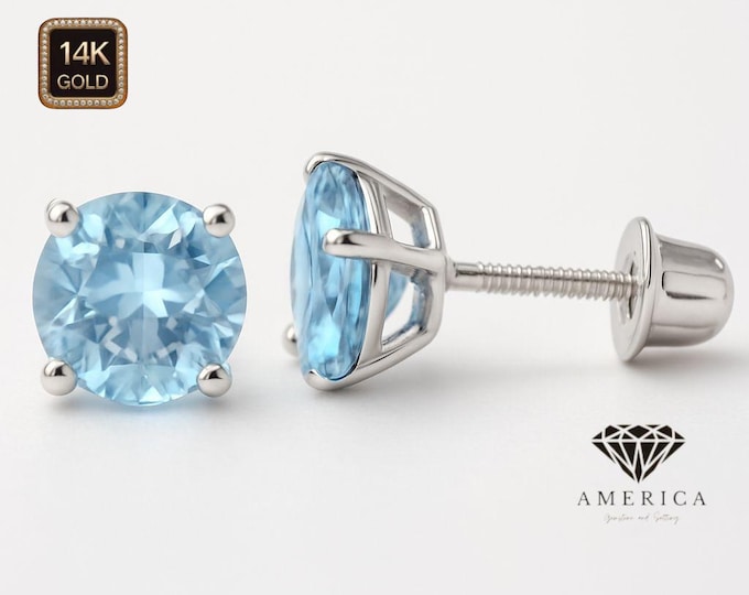 14K Gold Aquamarine Earrings 22 GA Thin Basket earrings Baby Screw backing Sold 1 pair earrings stud.