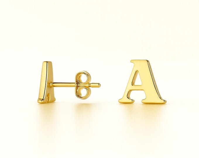 14K Gold Earring Small Stud Sold in 1 pair Small dainty letter initial Plain earrings push backing stud.
