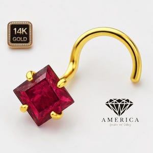 Natural Ruby Princess Cut  14K Yellow Gold Nose Stud 20 GA Piercing , Real Gold 14K ,  20 GAUGE sold 1 piece Natural Ruby