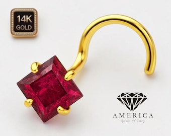 Natural Ruby Princess Cut  14K Yellow Gold Nose Stud 20 GA Piercing , Real Gold 14K ,  20 GAUGE sold 1 piece Natural Ruby