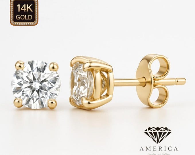 Moissanite Diamond 14K Solid Gold Earrings Heavier Basket earrings stud Real 14K Gold sold 1 Pair Push backing.