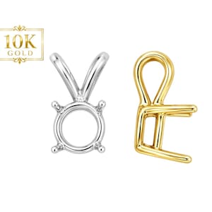 May include: Two pendant settings, one silver-toned and one gold-toned, for jewellery making. The silver setting has a round bezel with four prongs and a bail. The gold setting is a simple, open design. The upper left corner has a gold emblem with the text "10K GOLD".