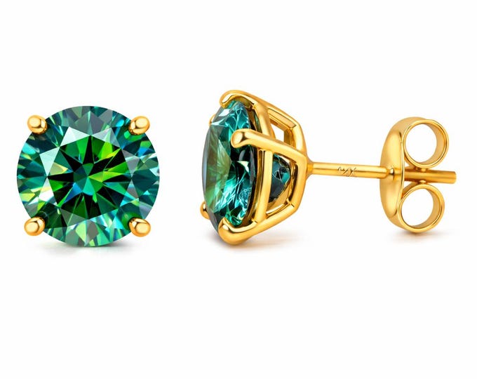 GREEN Cyan Moissanite Diamond 14K Solid Gold Earrings Thin 22 Gauge earrings stud Real 14K Gold sold 1 Pair Push backing.