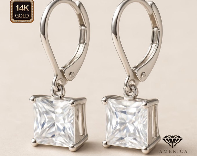 Moissanite Diamond  14K Solid Gold Lever Backing Earrings In Square Cut sold in 1 pair.