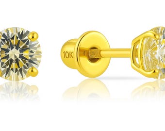 10K Yellow Round Basket Moissanite Earrings Stud 1 pair in Baby screw Backing 10K Gold Moissanite Diamond VVS1 DEF Real gold 1 pair.