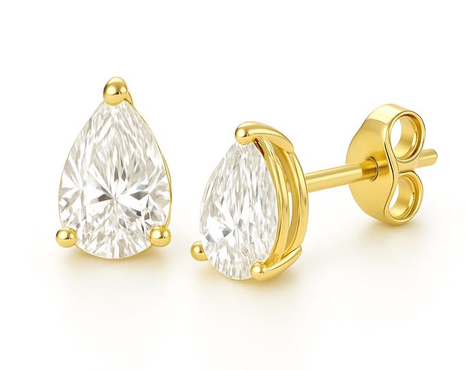 Moissanite Diamond  14K Solid Gold Pear Shape Stud  Earrings In Push Backing sold in 1 pair.