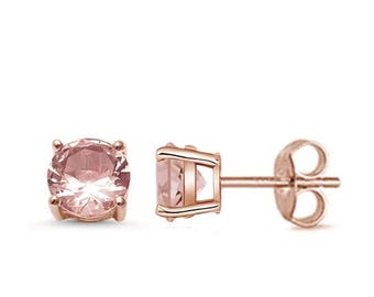 Rose Gold Plated Round Morganite Casting Stud Earrings Push Back .925 Sterling Silver Earrings 3MM-8MM