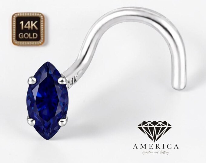 Natural Blue Sapphire Marquise 2.5x5 mm 14K Solid Gold Nose Stud 20 GA Piercing , Real Gold 14K ,  20 GAUGE sold 1 piece Ruby