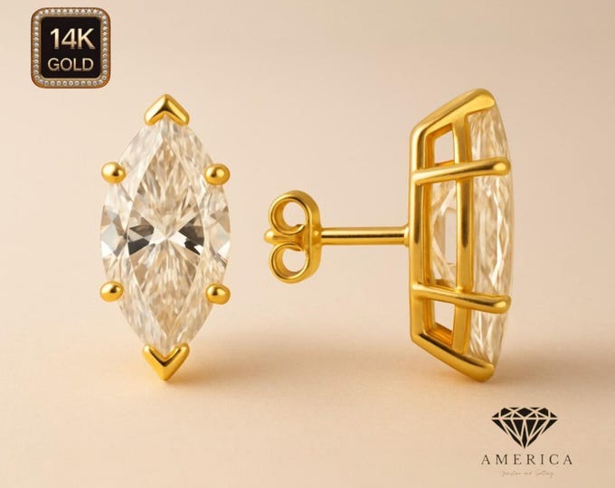 14K Solid Gold Earrings Heavier Basket earrings stud Real 14K Gold sold 1 Pair Push backing Marquise Shape gemstone.
