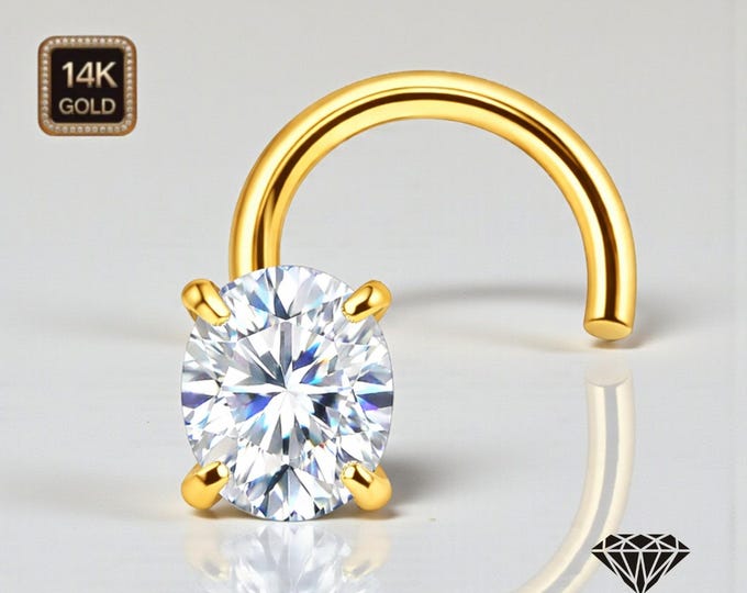 Lab Grown Diamond Oval Shape 3x5 MM  14K Yellow Gold Nose Stud 20 GA Piercing , Real Gold 14K ,  20 GAUGE sold 1 piece Lab Grown Diamond